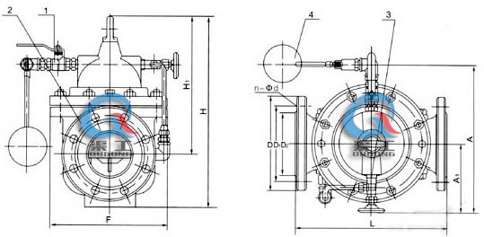 100X遥控浮球阀 外形结构图 (1、球阀 2、主阀 3、针阀 4、浮球阀)